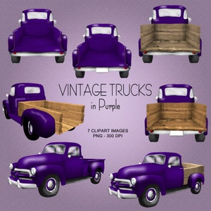 May include: Seven digital illustrations of a vintage purple pickup truck in various poses. The truck has a wooden bed and is shown from the front, back, and side views.