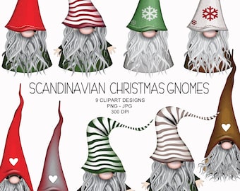 9 Scandinavian Christmas Gnomes, Tomte, Nisse, Santa, Elf - Clipart Collection