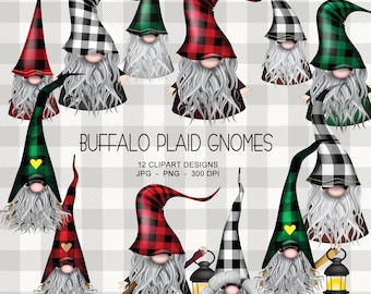 12 Buffalo Plaid Gnomes, - Cute Gnomes Clipart Collection