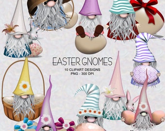 Può includere: Dieci immagini clipart digitali di gnomi pasquali. Ogni gnomo indossa un cappello di un colore diverso e tiene un uovo di Pasqua. Gli gnomi sono in varie pose, tra cui seduti, in piedi e con un cestino in mano. Tutti gli gnomi hanno la barba bianca e uno stile fantasioso e da cartone animato.
