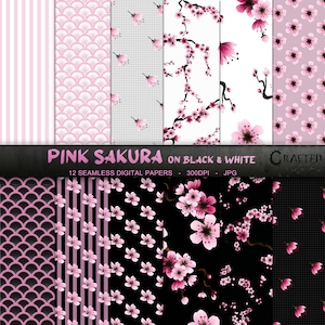 Sakura rosa em preto e branco - coleção de papel digital de flor de cerejeira rosa sem costura 12x12