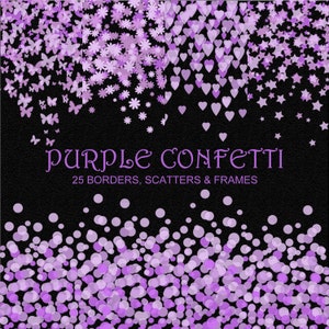 25 bordas, molduras e sobreposições de confete roxo - círculo, estrela, flor, borboleta e confete em formato de coração