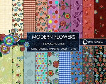 Modern Stylized Flowers - Digital Paper Collection 12x12 -18 Scrapbook Papers