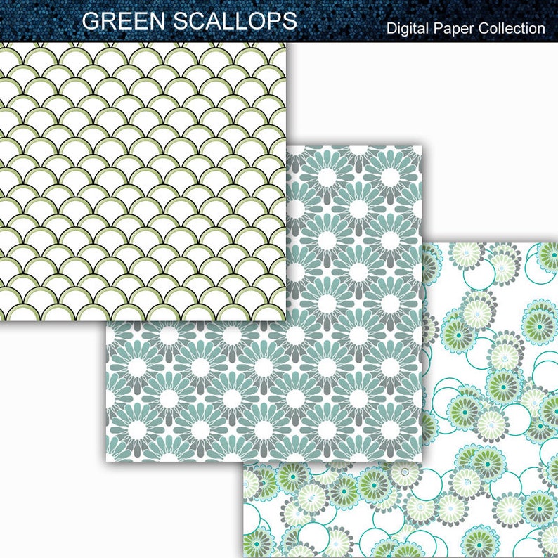 Green Scallops & Flowers - Digital Paper Collection 12x12 - Etsy