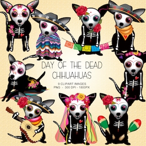 Colección de imágenes prediseñadas de chihuahuas del día de muertos