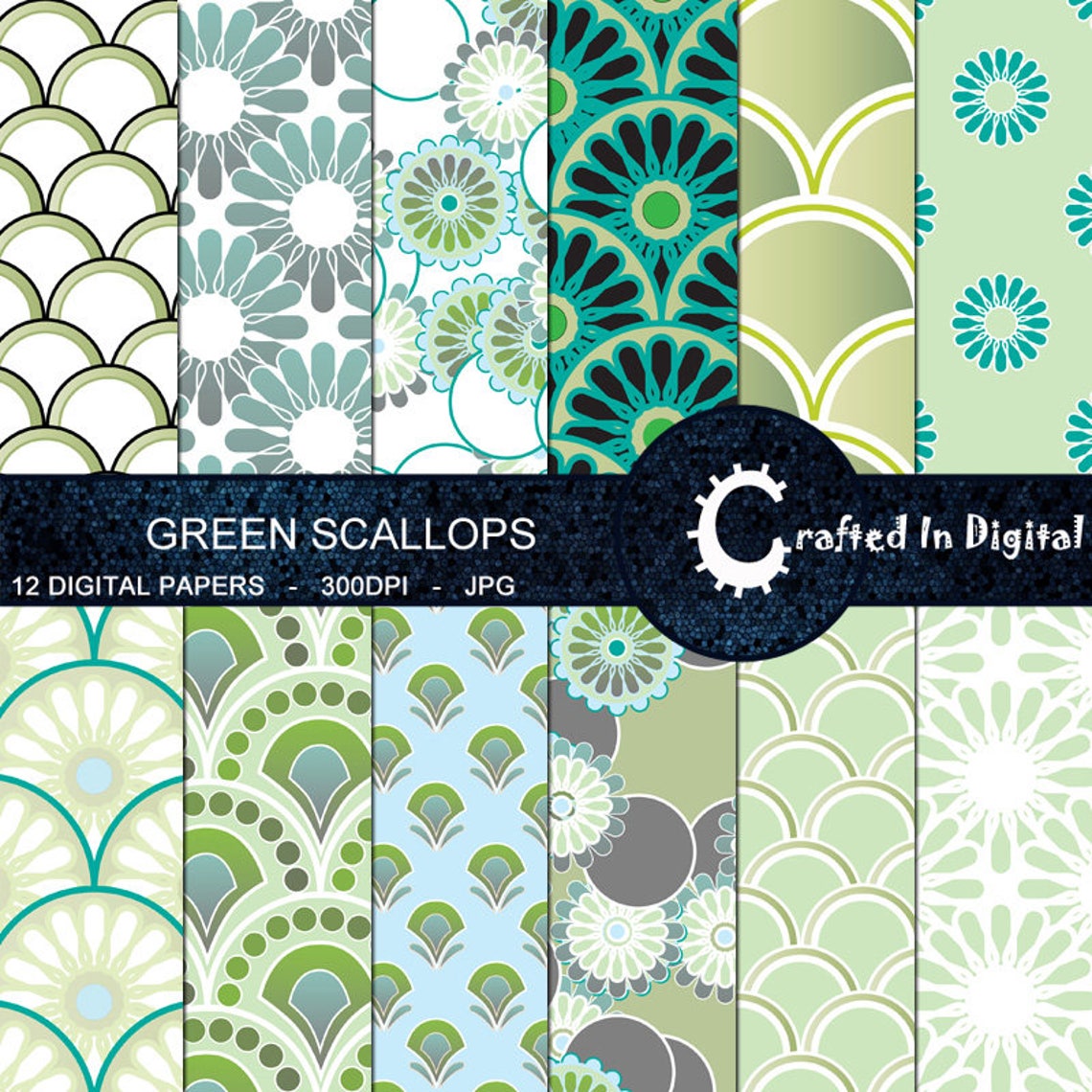 Green Scallops & Flowers - Digital Paper Collection 12x12 - Etsy
