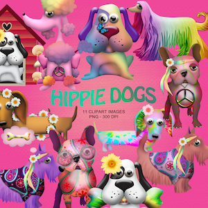Hippie Dogs - Afghan, Scotty, Französische Bulldogge, Pudel, Basset und Dackel Clipart Kollektion