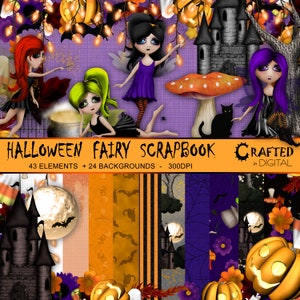 May include: A digital Halloween Fairy Scrapbook with 43 elements and 24 backgrounds. The image features illustrations of fairies, a black cat, a mushroom, a castle, and various Halloween-themed patterns in orange, purple, and black.