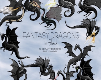 Black Dragons, Fantasy Dragons - Clipart Collection