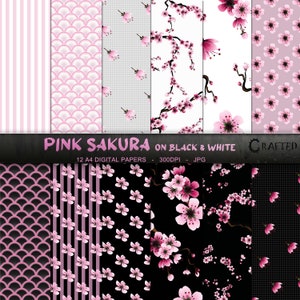 Pink Sakura en blanco y negro - A4 Pink Cherry Blossom Digital Paper Collection 12x12