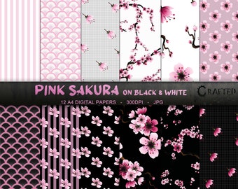 Sakura rose en noir et blanc - A4 Pink Cherry Blossom Digital Paper Collection 12x12