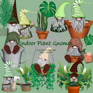 Op de afbeelding: Negen digitale illustraties van gnomen met kamerplanten. De gnomen dragen verschillende gekleurde hoeden en houden tuingereedschap vast. De tekst "Indoor Plant Gnomes" en "9 CLIPART DESIGNS PNG - 300 DPI" is in de afbeelding opgenomen.