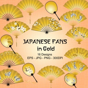 Collection clipart d’éventails japonais de couleur or