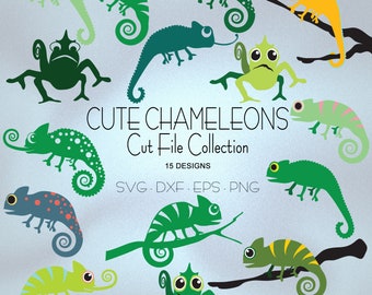 Cute Chameleons Cut File Collection - svg/dxf/eps/png fichiers adaptés pour cricut, silhouette, découpe laser et routage cnc