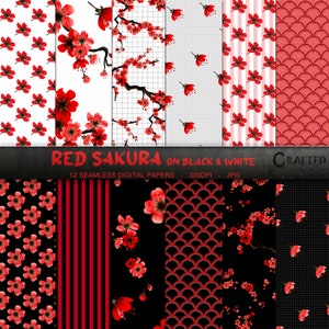Red Sakura op Zwart &Wit - Seamless Red Cherry Blossom Digital Paper Collection 12x12