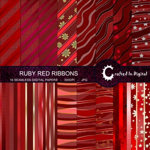 May include: A set of 16 digital papers featuring red and gold ribbon patterns. The papers are seamless and perfect for crafting projects. "Ruby Red Ribbons" and "Crafted in Digital" are written on the image.