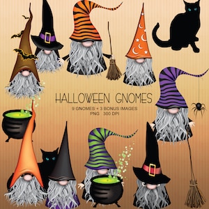 K&ouml;nnte beinhalten: Eine digitale Illustration mit Halloween-Zwergen mit langen wei&szlig;en B&auml;rten und spitzen H&uuml;ten in verschiedenen Farben, darunter Orange, Schwarz und Lila. Einige Zwerge halten Besen oder stehen in der N&auml;he von Kesseln mit sprudelnder gr&uuml;ner Fl&uuml;ssigkeit. Eine schwarze Katze und eine Spinne sind ebenfalls enthalten.