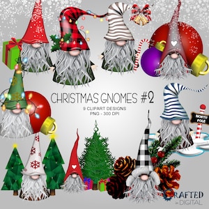 May include: A collection of nine Christmas gnome clipart designs. Each gnome has a long white beard and a pointed hat in various colors and patterns, including red, green, and plaid. The image also includes Christmas trees, ornaments, and the text "CHRISTMAS GNOMES #2".