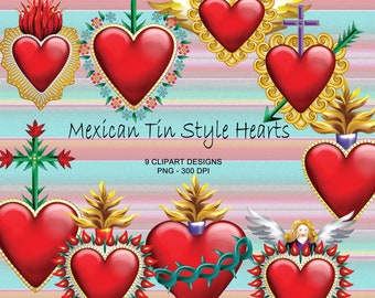 May include: Nine digital illustrations of Mexican tin style hearts. The hearts are red with gold, green, and blue accents. The hearts are decorated with flowers, crosses, thorns, and flames. The text "Mexican Tin Style Hearts" and "9 CLIPART DESIGNS PNG - 300 DPI" is included in the image.