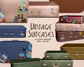 May include: Nine vintage suitcases in various colors, including brown, pink, blue, green, and red. The suitcases have metal clasps and handles. Some suitcases have travel stickers with destinations like Cairo, Italy, and Regina.