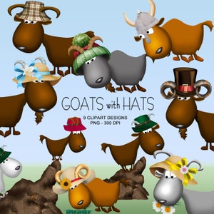 May include: Nine digital illustrations of goats wearing different hats. The goats are brown and grey with various facial expressions. The hats include a plaid hat, a knitted hat, a straw hat, a top hat, a viking helmet, and a few others.
