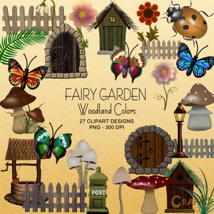 Fairy Garden in Woodland Colors - Toadstools, fairy doors, butterflies and flowers  Clipart Collection