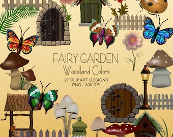 Feengarten in Waldfarben - Fliegenpilze, Feentüren, Schmetterlinge und Blumen Clipart Collection
