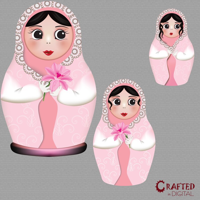 Matryoshka Dolls in Pink, Russian Babushka Dolls Vector Clipart Collection image 5