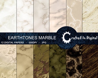 Puede incluir: Doce texturas de papel digital con patrones de mármol en tonos tierra, incluyendo blanco, beige, marrón y verde. Los papeles son de 300 DPI y en formato JPG. El texto "EARTHTONES MARBLE" y "Crafted in Digital" es visible en la imagen.