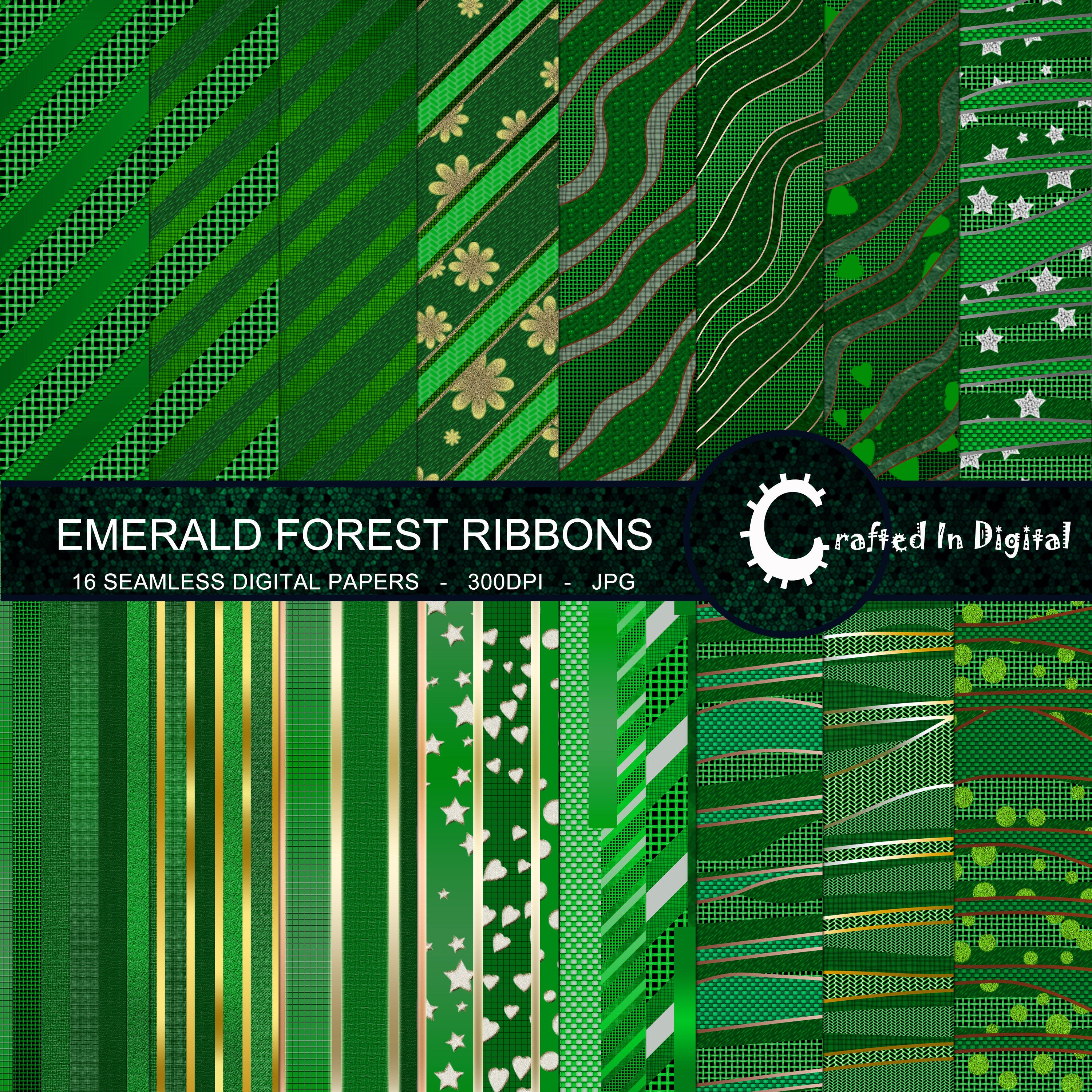 Emerald Green Ribbons - 16 Seamless Striped, Wavy, Textured Ribbon ...