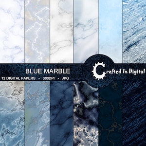 Peut inclure: Douze papiers numériques présentant des textures de marbre bleu dans différentes nuances de bleu, du clair au foncé. Les papiers sont en 300 DPI et au format JPG. Le texte "BLUE MARBLE" et "12 DIGITAL PAPERS - 300DPI - JPG" est affiché en bas de l'image.