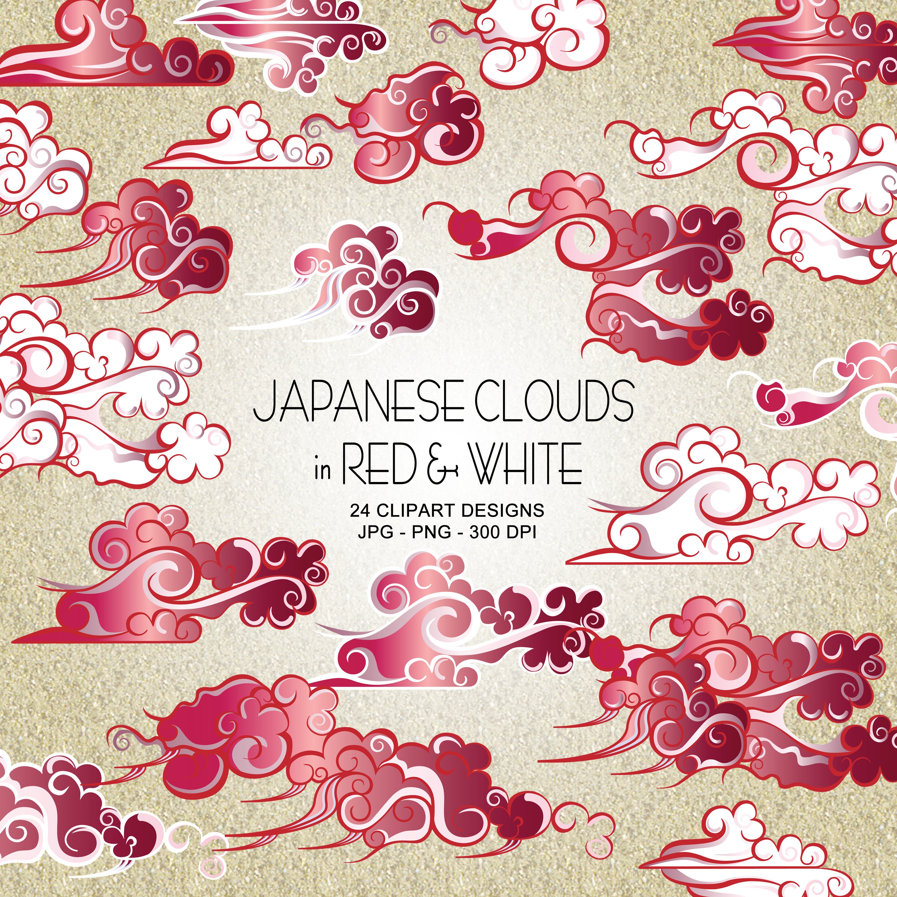 Red Japanese Clouds Clipart Collection Etsy
