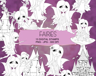 Fairy Digital Stamps: Black and White Fairies, Castle, Ring (PNG, JPG)