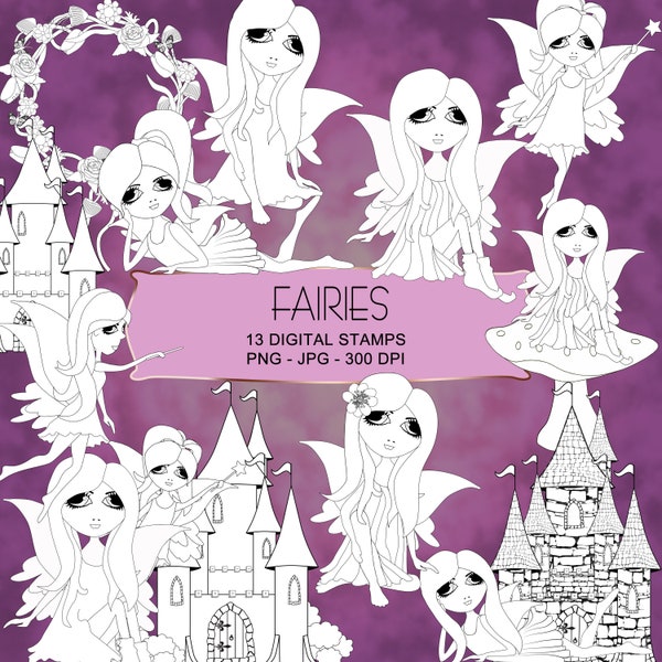Fairies Digital Stamps - 13 Black & White Fairy, Fairy Castle, Fairy Ring Digistamps