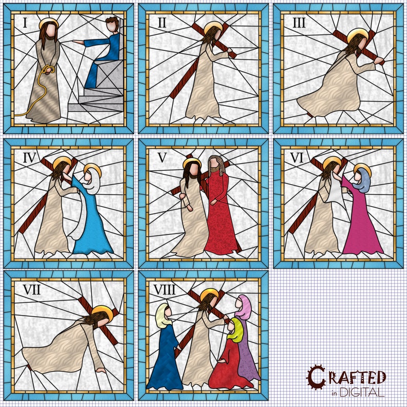 May include: A stained glass style illustration of the Stations of the Cross. The image shows eight scenes of Jesus carrying the cross, with Roman soldiers and other figures. The scenes are numbered I through VIII.
