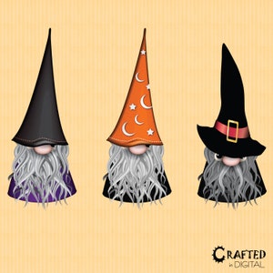 K&ouml;nnte beinhalten: Drei Halloween-Zwerg-Illustrationen. Die Zwerge haben lange wei&szlig;e B&auml;rte, rosige Wangen und spitze H&uuml;te. Einer tr&auml;gt einen schwarzen Hut, ein anderer einen orangefarbenen Hut mit wei&szlig;en Sternen und Monden, und der dritte einen schwarzen Hexenhut.