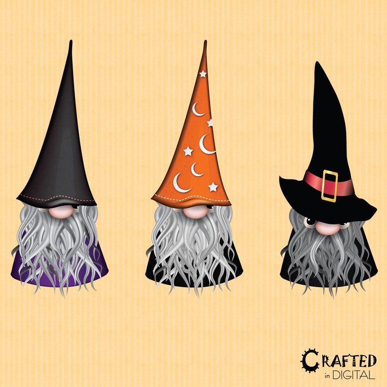 K&ouml;nnte beinhalten: Drei Halloween-Zwerg-Illustrationen. Die Zwerge haben lange wei&szlig;e B&auml;rte, rosige Wangen und spitze H&uuml;te. Einer tr&auml;gt einen schwarzen Hut, ein anderer einen orangefarbenen Hut mit wei&szlig;en Sternen und Monden, und der dritte einen schwarzen Hexenhut.