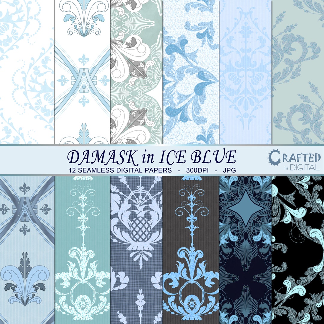 Seamless Ice Blue Damask Digital Background Damask Digital Paper