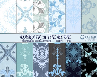 Seamless Ice Blue Damask Digital Background - Damask Digital Paper Collection 12x12