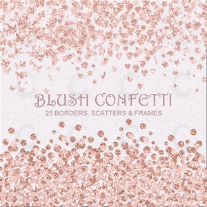 25 bordas, molduras e sobreposições de confete Blush Glitter - círculo, estrela, flor, borboleta e confete em formato de coração