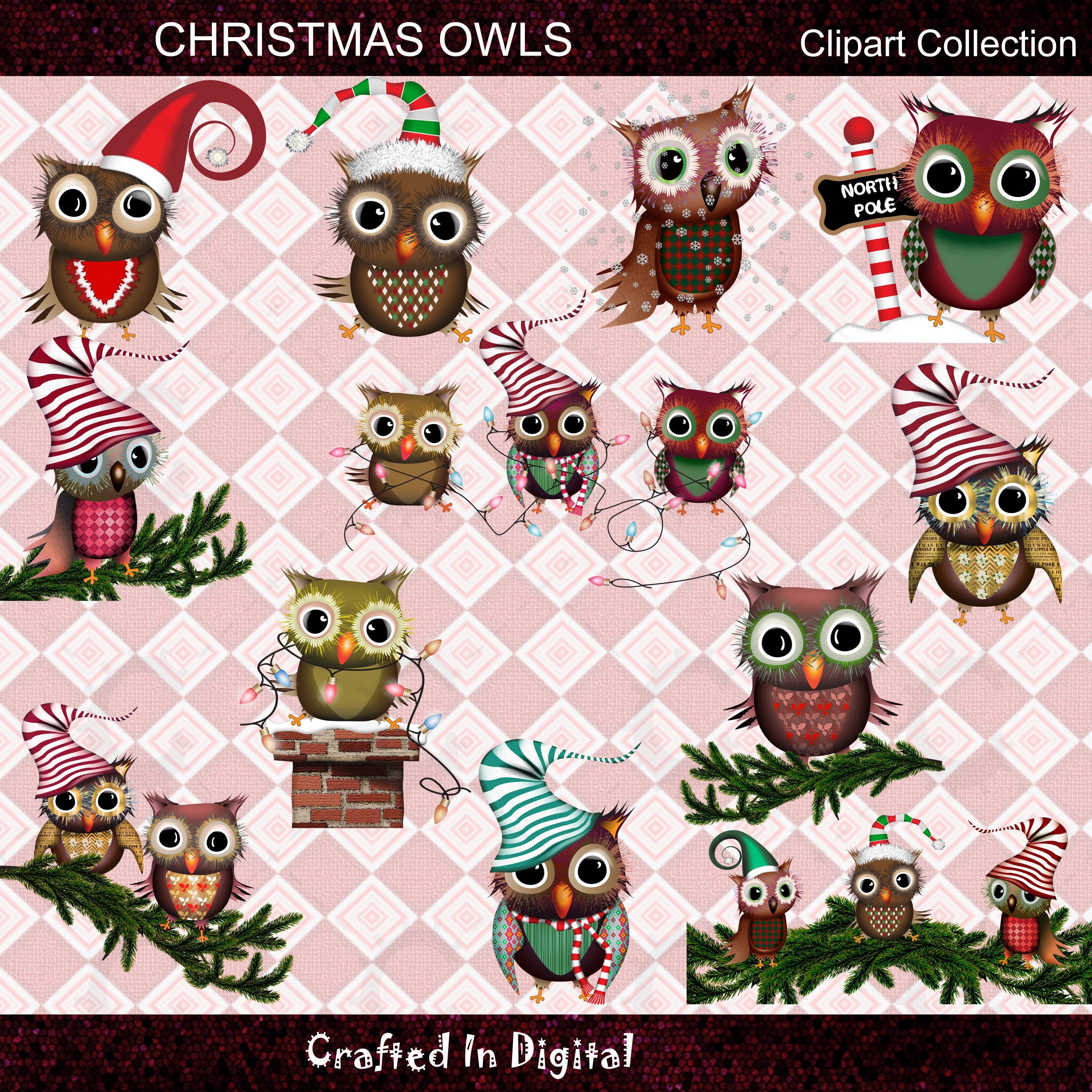 Christmas Owls Clipart: Vintage Holiday Graphics (Digital Download)