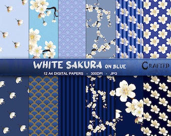 Sakura blanche sur bleu - Collection de papier numérique A4 White Cherry Blossom