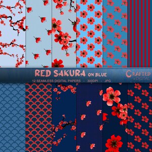 Red Sakura on Blue - Seamless Red Cherry Blossom Digital Paper Collection 12x12