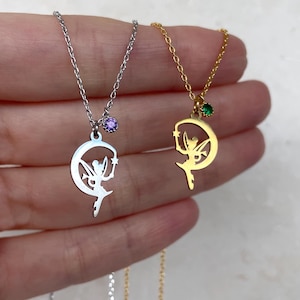 Fairy Necklace, Gold fairy necklace, Fantasy jewelry, Birthstone fairy necklace, Magical necklace, Gift for Fairy Lover, Moon fairy necklace