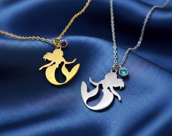 Mermaid Birthstone Necklace, Personalized Mermaid Pendant, Ocean Jewelry Gift, Gold or Silver Mermaid Charm, Dainty Sea Goddess Necklace