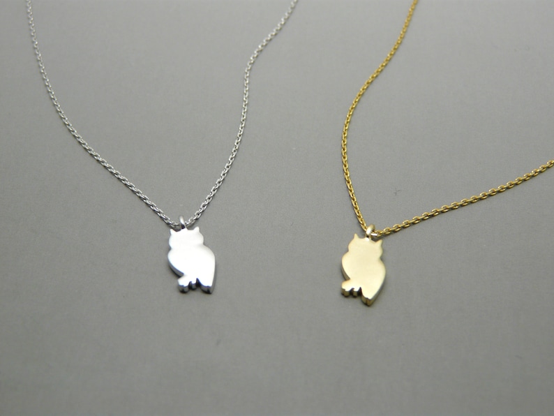 May include: Two owl pendant necklaces. One necklace features a silver-colored owl pendant on a delicate chain. The other necklace has a gold-colored owl pendant on a matching chain. Both pendants are in the shape of an owl.