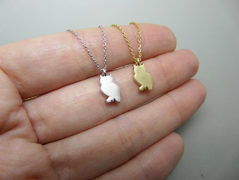 May include: Two owl pendant necklaces. One is silver-colored, the other is gold-colored. Each pendant is a silhouette of an owl, hanging from a delicate chain. The necklaces are displayed on a light background.