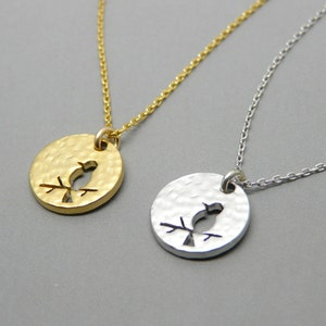Bird necklace, Coin necklace, Hammered gold coin necklace, Everyday necklace, Layering necklace, Silver bird necklace
