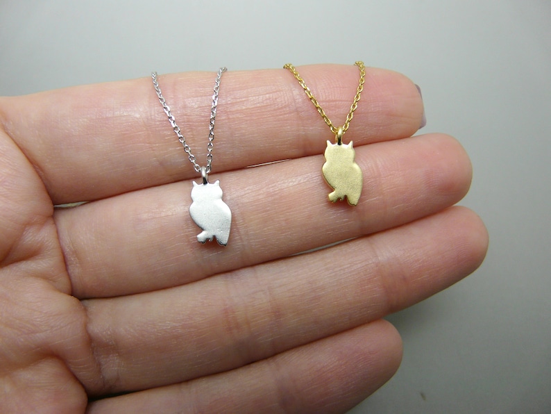 May include: Two owl pendant necklaces. One is silver-colored, the other is gold-colored. Each necklace features a small, stylized owl pendant suspended from a delicate chain. The pendants are approximately 0.75 inches in height.