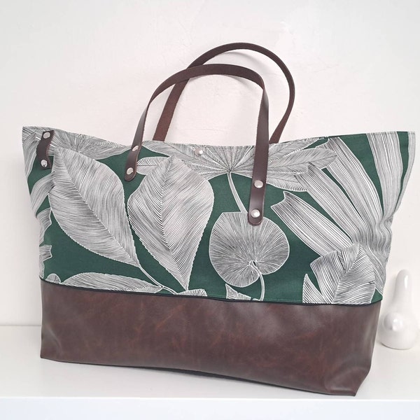 Sac cabas vert imprimé de grandes feuilles tropicales et cuir - Sac shopping femme porté épaule - Modèle unique